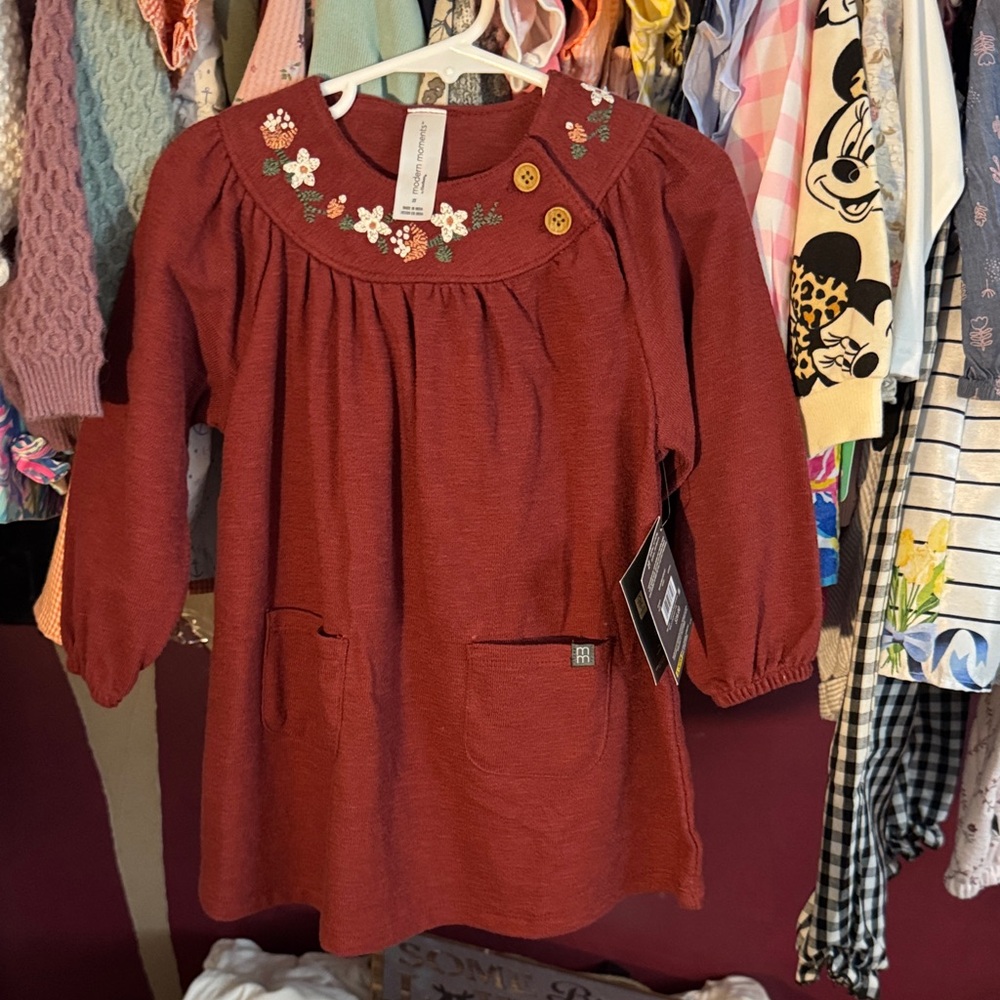 Gerber Red Casual Kids Dress with Floral Embroidery